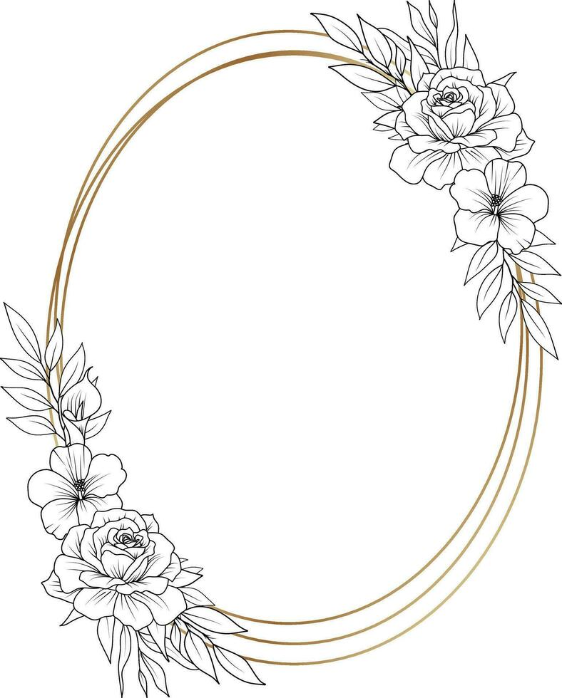 Flower Frame. Hand drawn Botanical vector illustration. Black and white wreath.