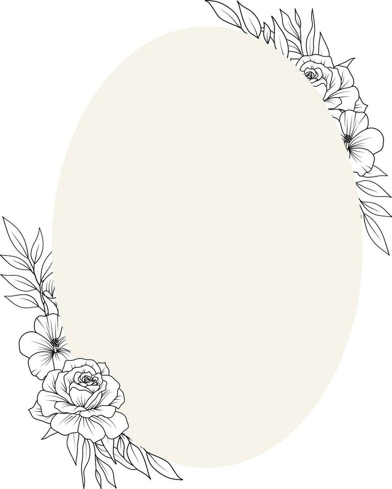 Flower Frame. Hand drawn Botanical vector illustration. Black and white wreath.