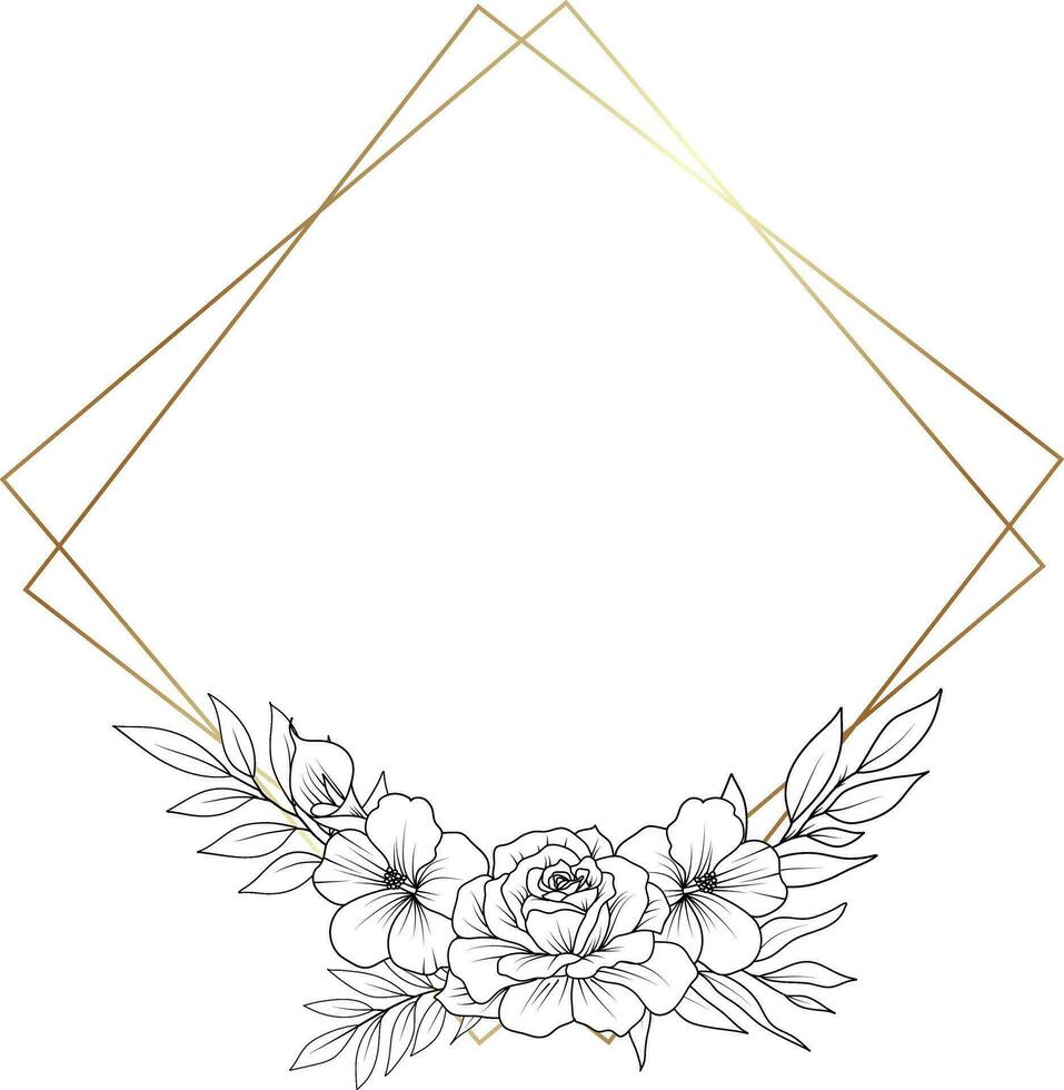 Flower Frame. Hand drawn Botanical vector illustration. Black and white wreath.