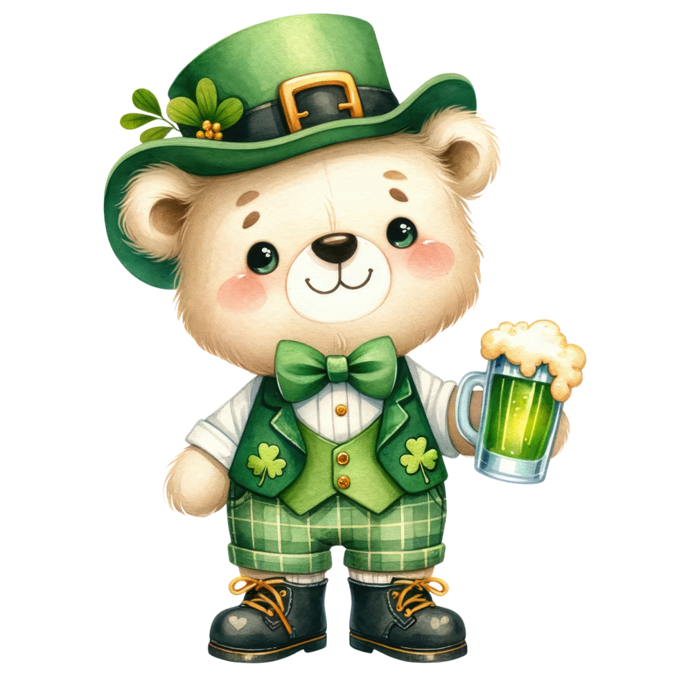 ai gegenereerd teddy beer in een groen jasje en een hoed voor st patricks dag png