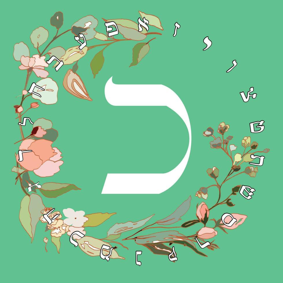 Vector illustration of the Hebrew alphabet with floral design. Hebrew letter called Kaph  white on green background.