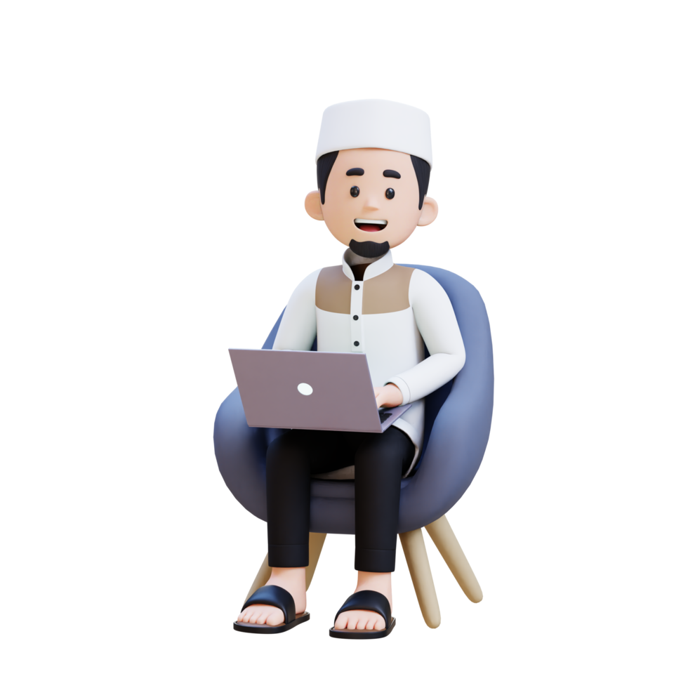 3D Characters of Muslim Man sit on sofa and working on a laptop perfect for banner, web dan marketing material png