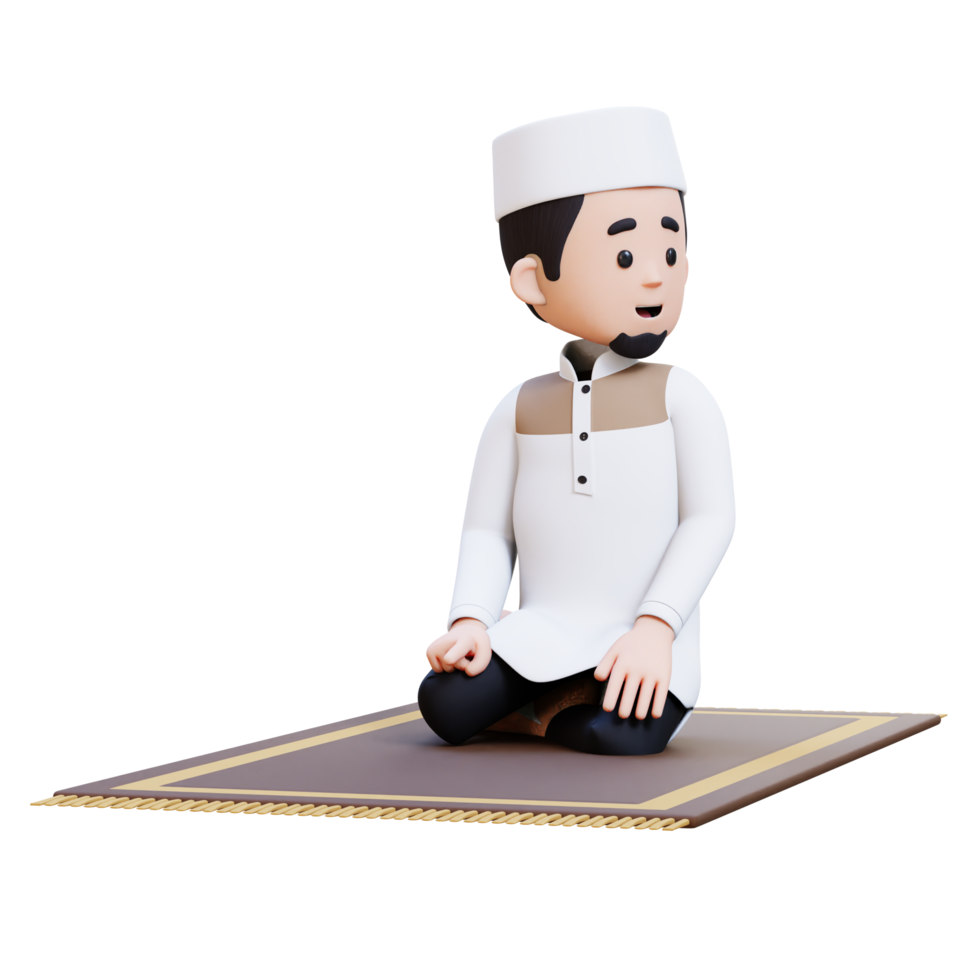 3D Characters of Muslim Man is in last tahiyat sitting during prayer and give salam to the left in ramadan perfect for banner, web dan marketing material png