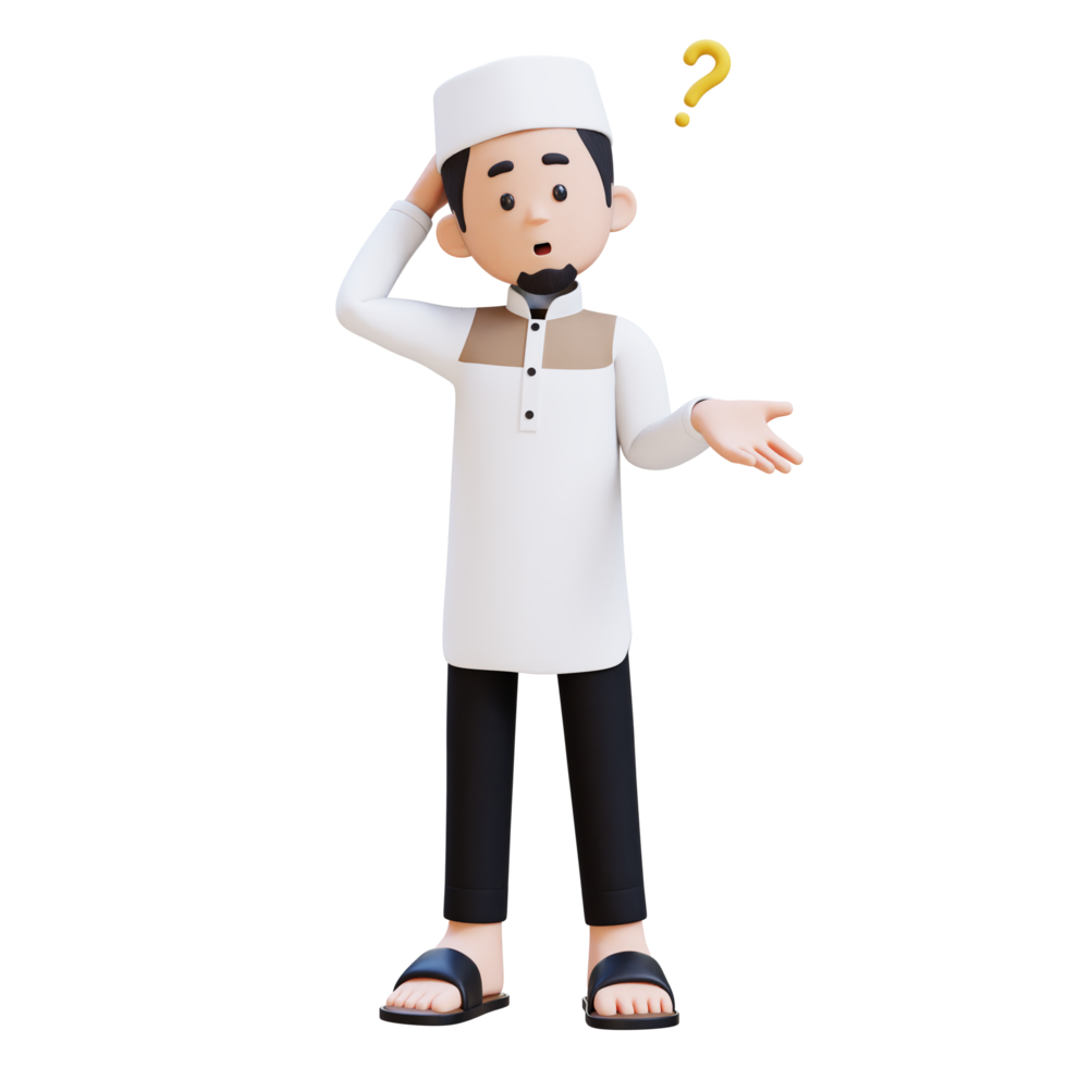 3D Characters of Muslim Man confused and thinking pose perfect for banner, web dan marketing material png