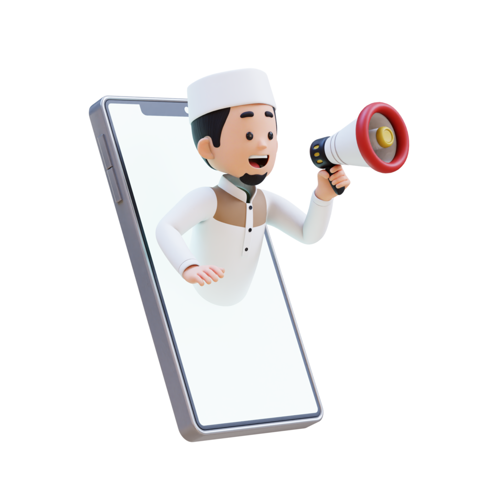 3D Characters of Muslim Man holding  megaphone and jump out from phone screen perfect for banner, web dan marketing material png