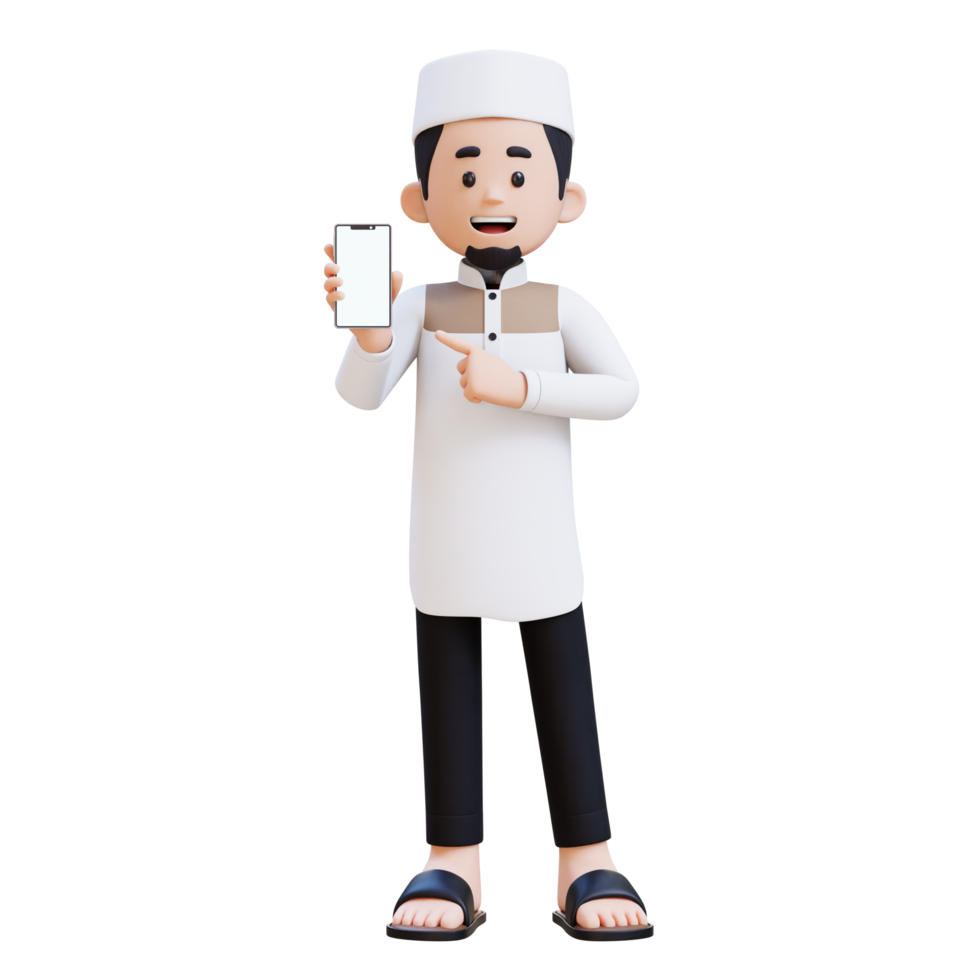 3D Characters of Muslim Man pointing to empty phone screen perfect for banner, web dan marketing material png
