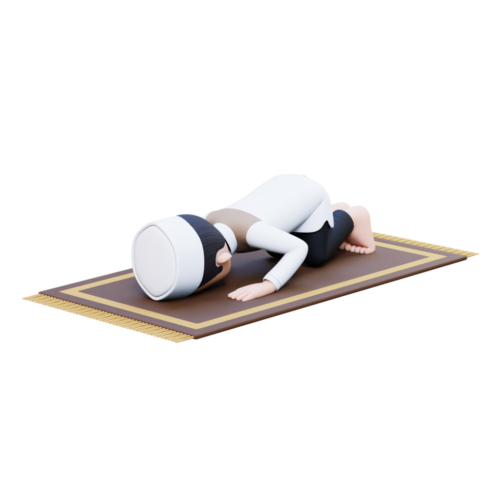 3D Characters of Muslim Man sujud or prostrate in sholat in ramadan perfect for banner, web dan marketing material png