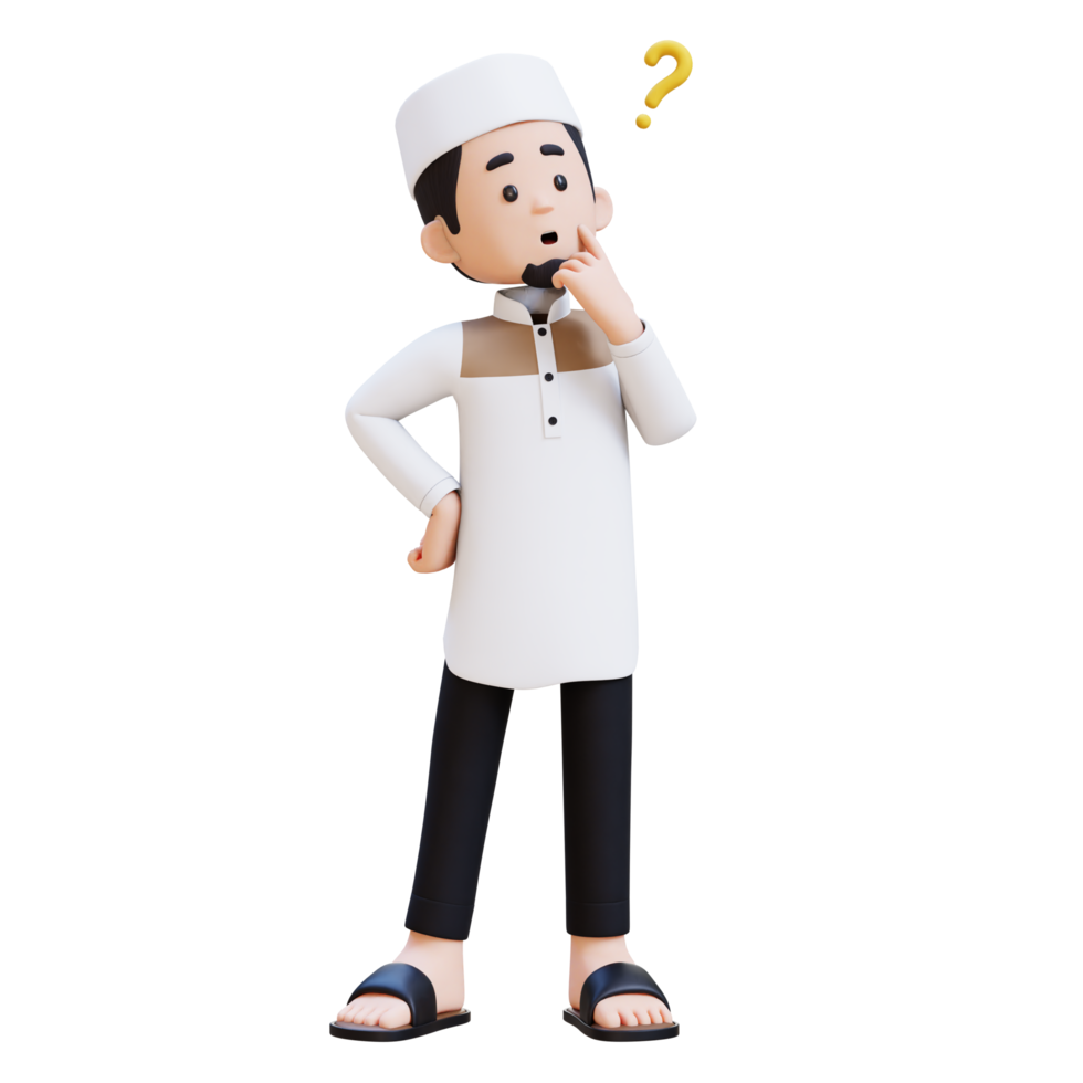 3D Characters of Muslim Man confused and thinking pose perfect for banner, web dan marketing material png
