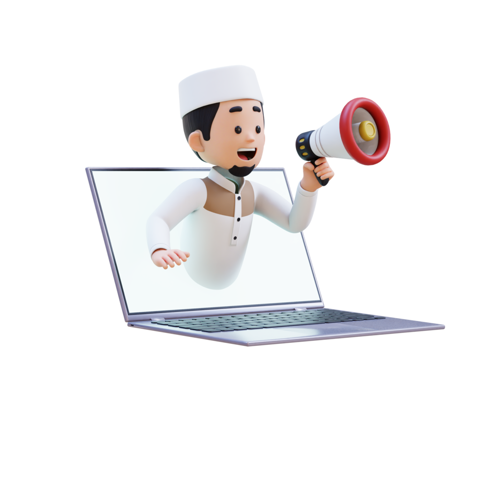 3D Characters of Muslim Man holding  megaphone and jump out from computer screen perfect for banner, web dan marketing material png