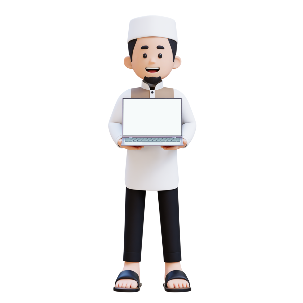 3D Characters of Muslim Man holding a laptop with empty screen perfect for banner, web dan marketing material png