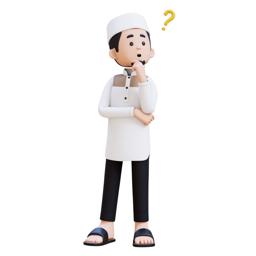 3D Characters of Muslim Man confused and thinking pose perfect for banner, web dan marketing material png