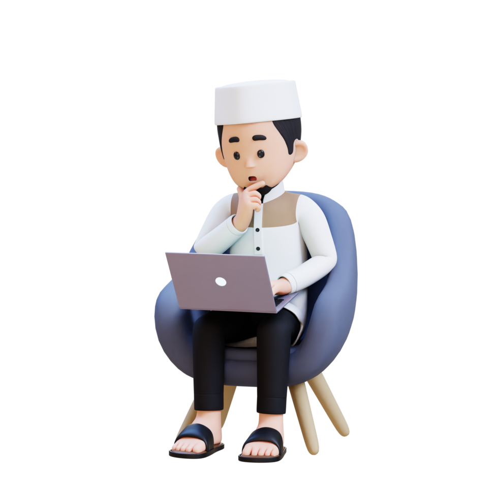3D Characters of Muslim Man sit on sofa confuse thinking and working on a laptop perfect for banner, web dan marketing material png