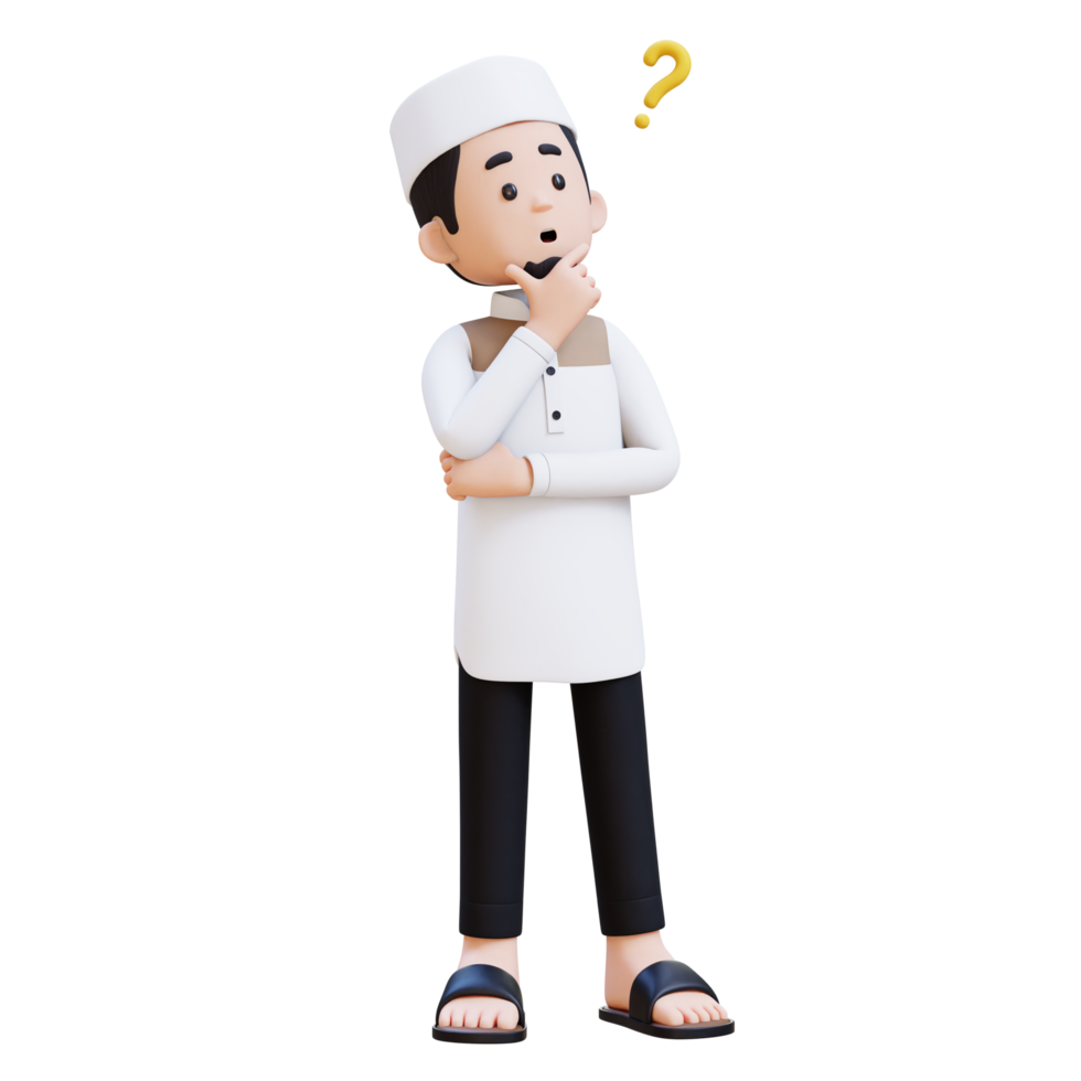 3D Characters of Muslim Man confused and thinking pose perfect for banner, web dan marketing material png