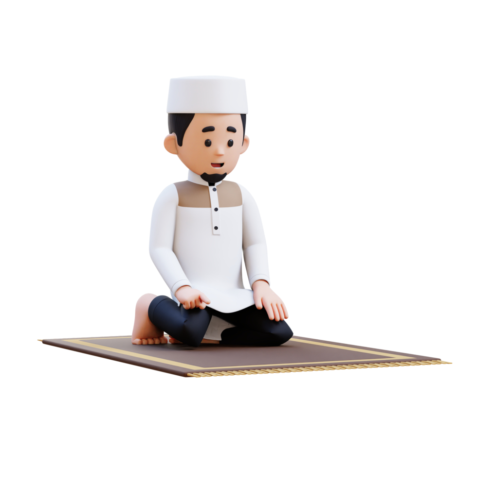 3D Characters of Muslim Man is tahiyat sitting during prayer in ramadan perfect for banner, web dan marketing material png