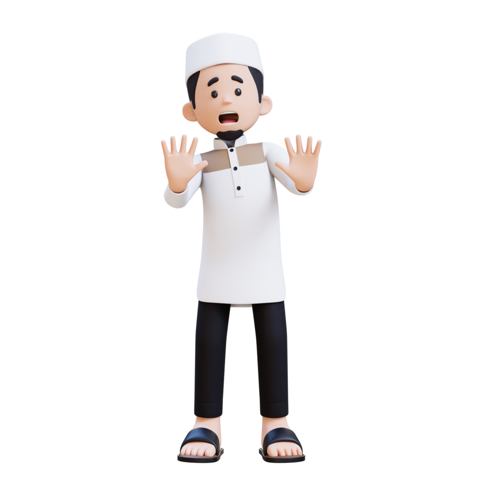 3D Characters of Muslim Man in fear and poses in denial perfect for banner, web dan marketing material png