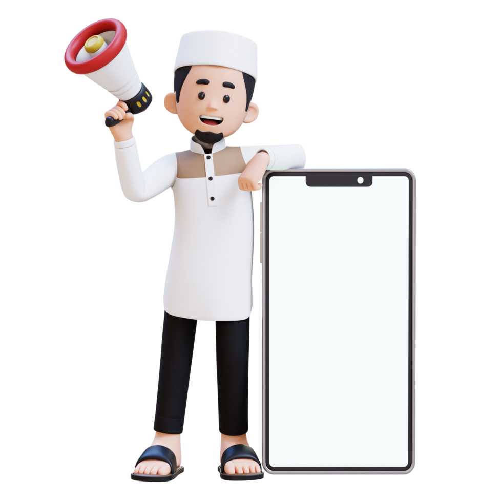 3D Characters of Muslim Man holding megaphone and laying on big empty phone screen perfect for banner, web dan marketing material png