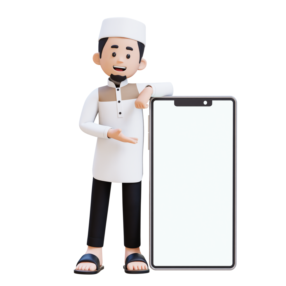 3D Characters of Muslim Man presenting and  laying on big empty phone screen perfect for banner, web dan marketing material png