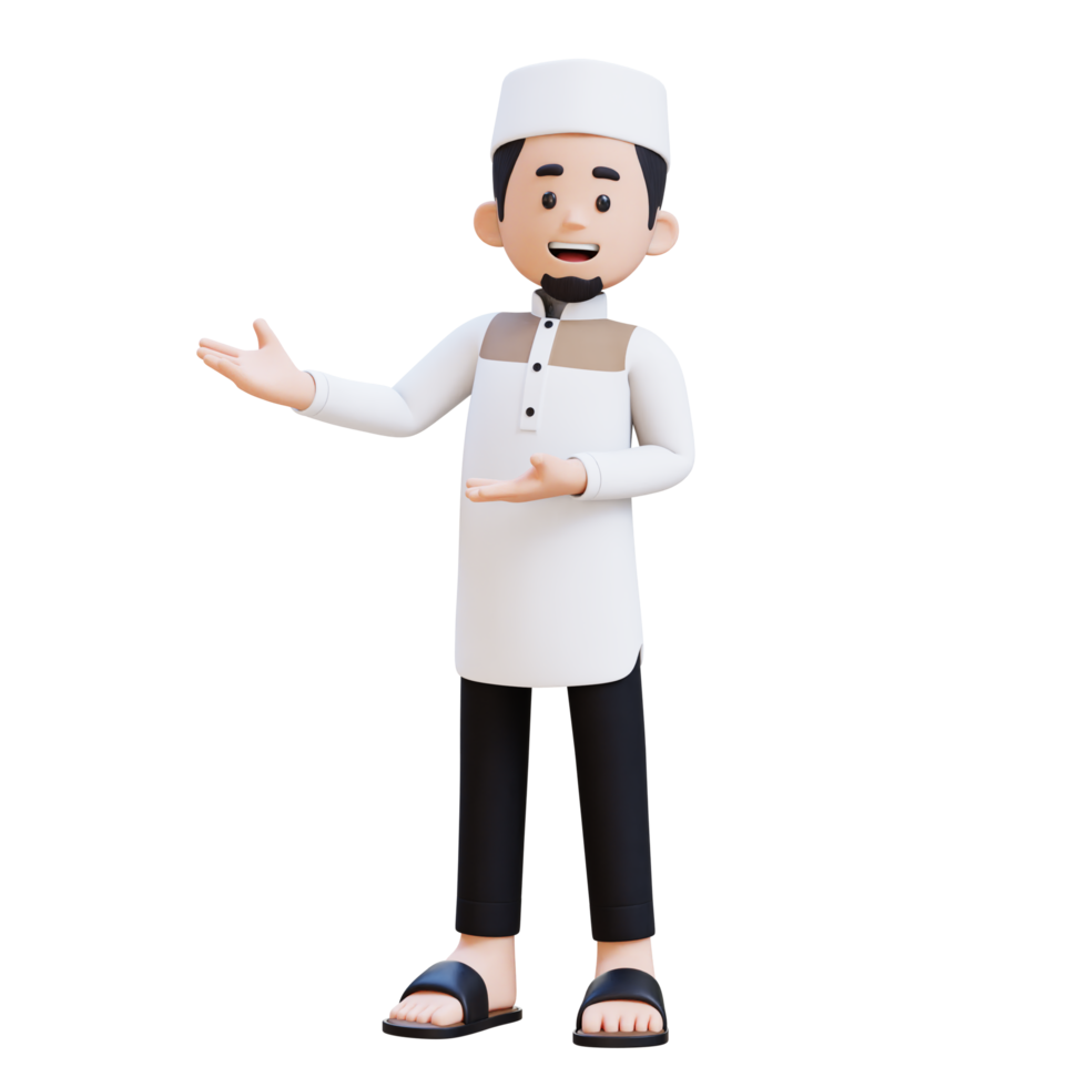 3D Characters of Muslim Man presenting to the right side perfect for banner, web dan marketing material png