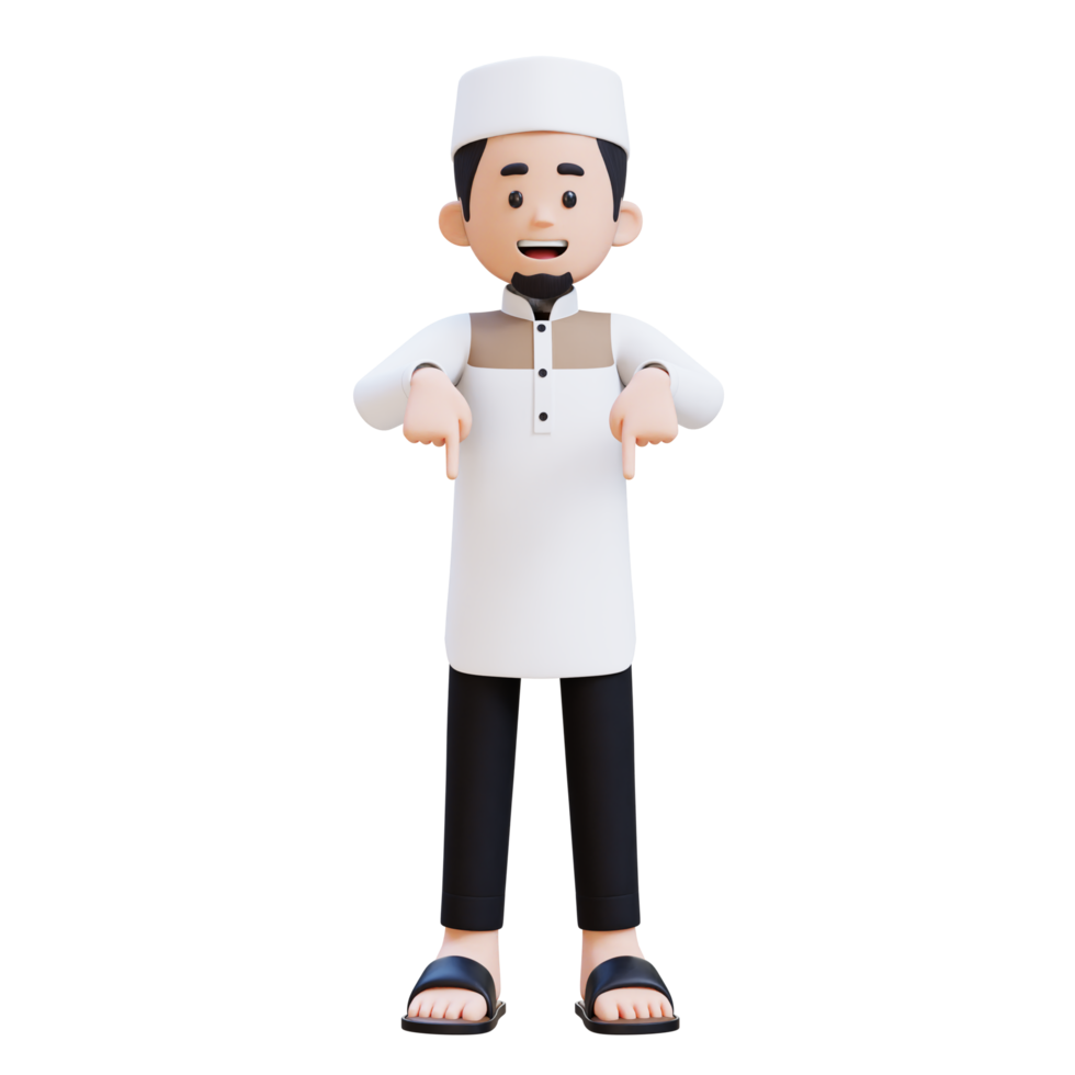 3D Characters of Muslim Man pointing to bottom perfect for banner, web dan marketing material png