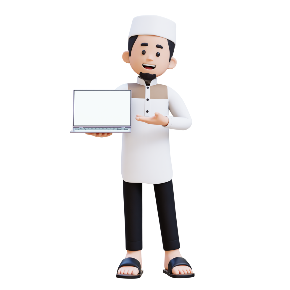 3D Characters of Muslim Man presenting on empty computer screen perfect for banner, web dan marketing material png