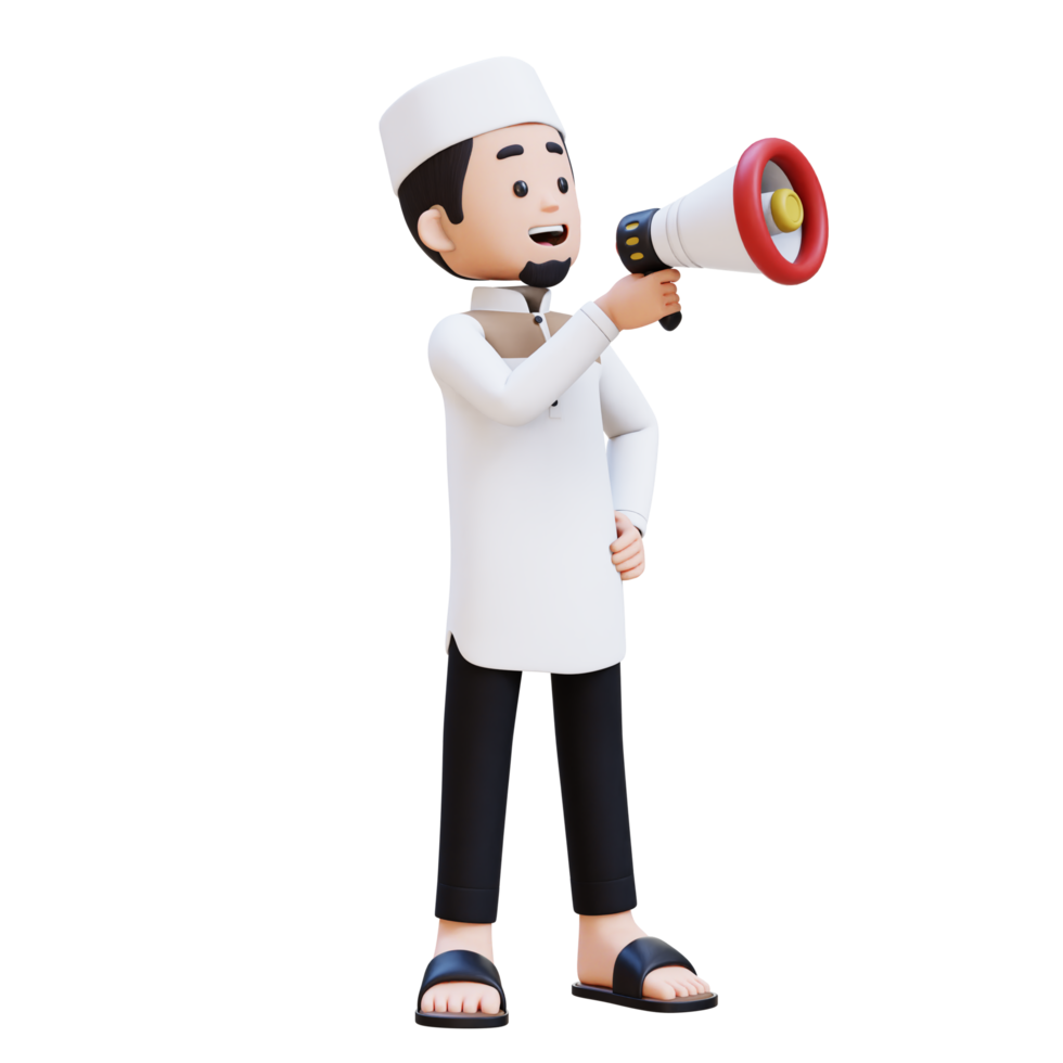 3D Characters of Muslim Man holding and talking with megaphone perfect for banner, web dan marketing material png