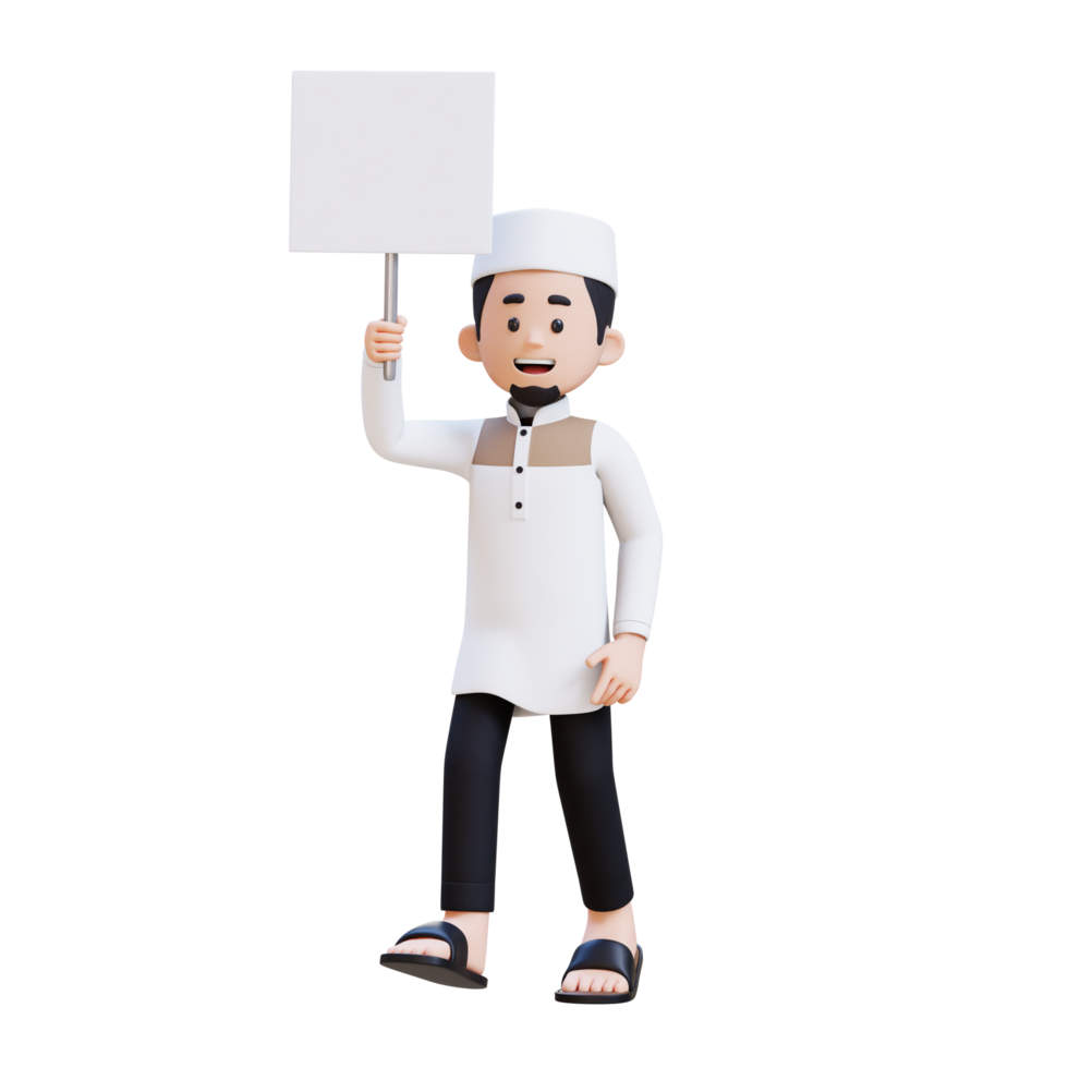 3D Characters of Muslim Man holding empty placard while walking perfect for banner, web dan marketing material png