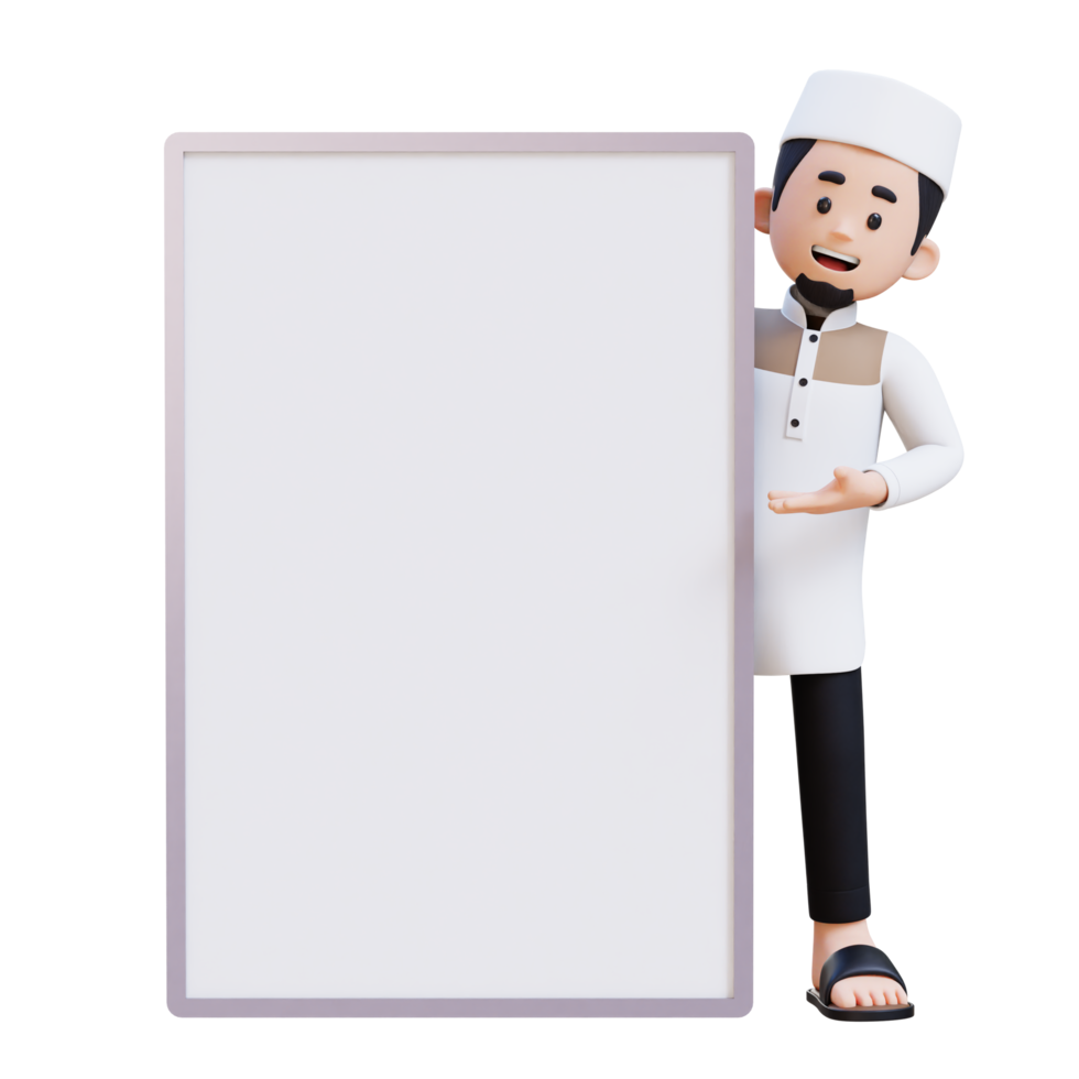 3D Characters of Muslim Man presenting on blank placard perfect for banner, web dan marketing material png