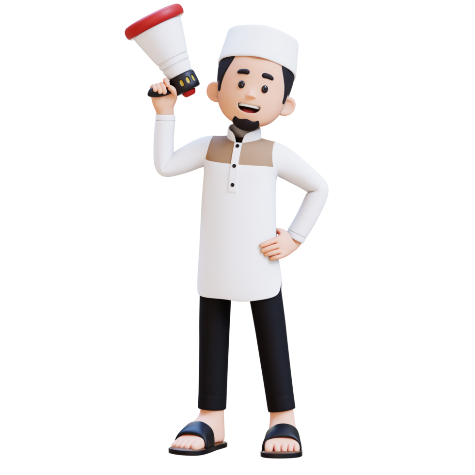 3D Characters of Muslim Man holding  megaphone perfect for banner, web dan marketing material png