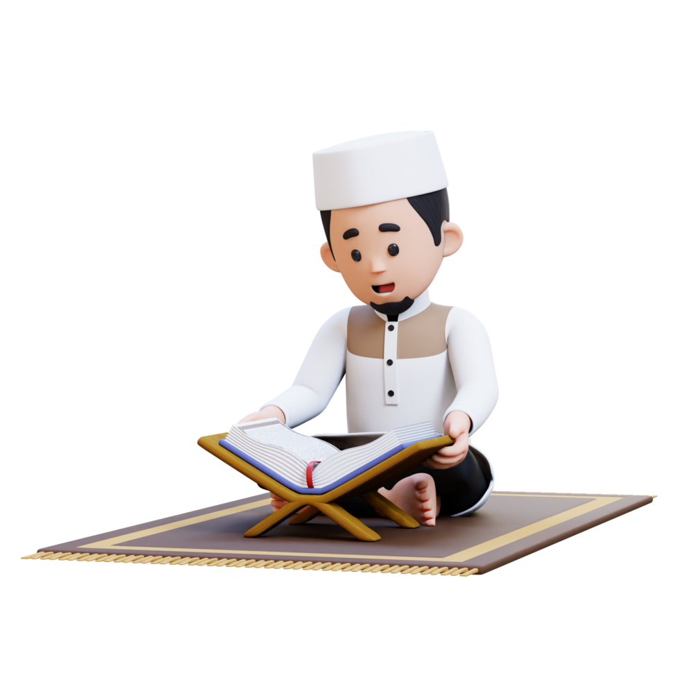 3D Characters of Muslim Man reciting the Koran in Ramadan kareem perfect for banner, web dan marketing material png