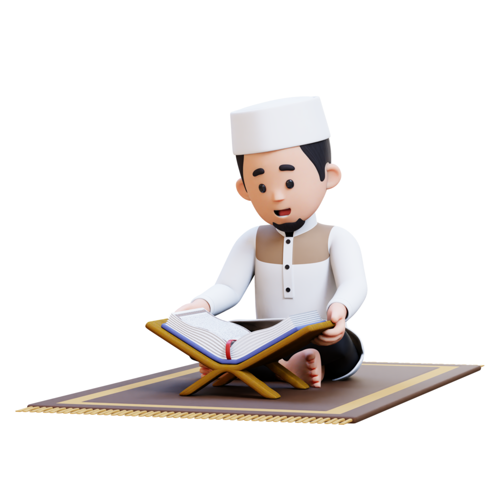 3D Characters of Muslim Man reciting the Koran in Ramadan kareem perfect for banner, web dan marketing material png
