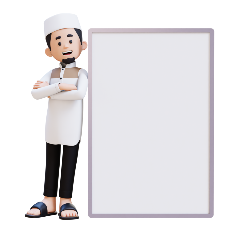 3D Characters of Muslim Man laying on blank placard in crossed arm pose perfect for banner, web dan marketing material png