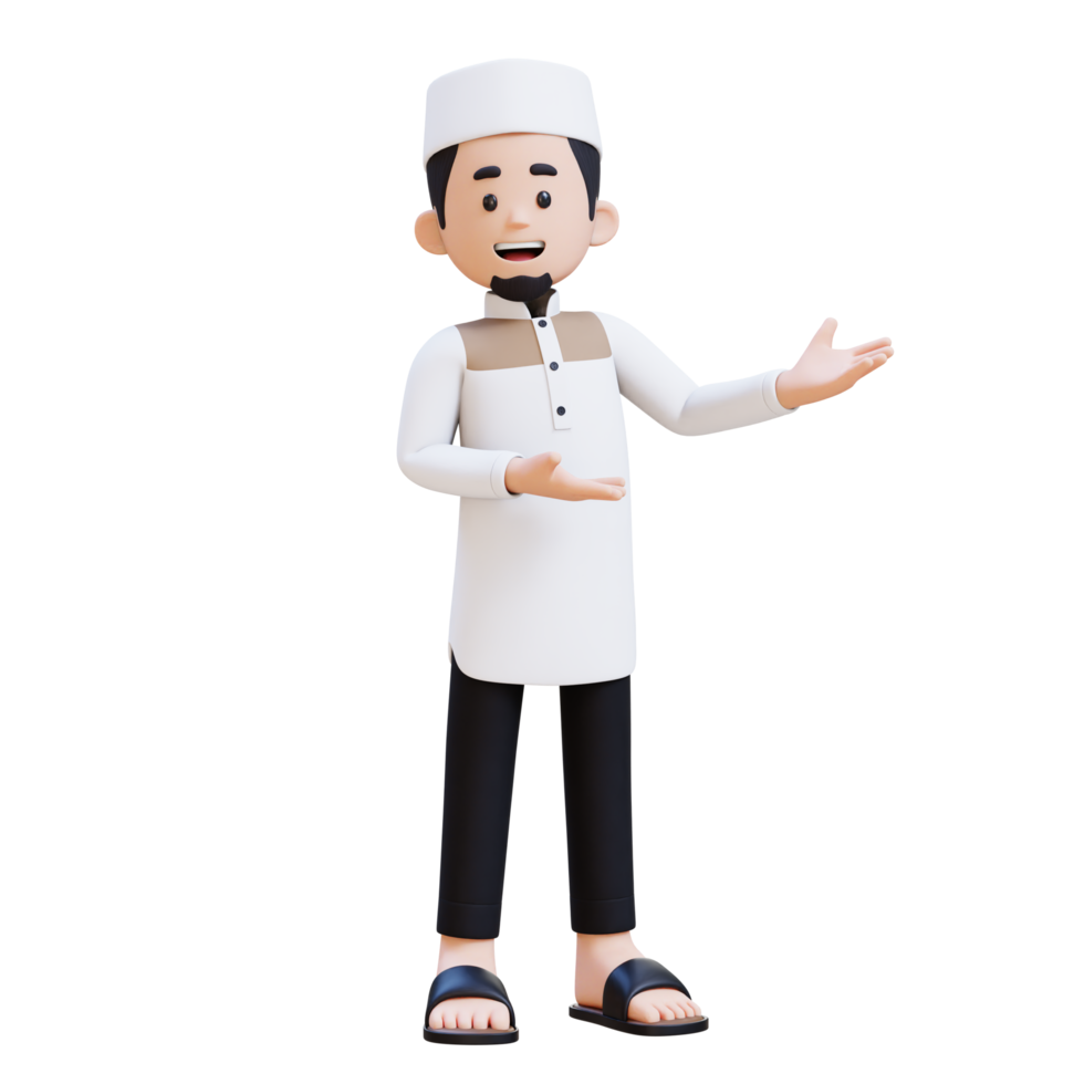 3D Characters of Muslim Man presenting to the left side perfect for banner, web dan marketing material png
