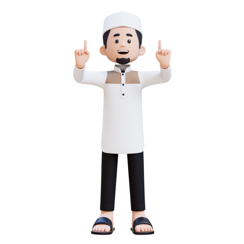 3D Characters of Muslim Man pointing up perfect for banner, web dan marketing material png