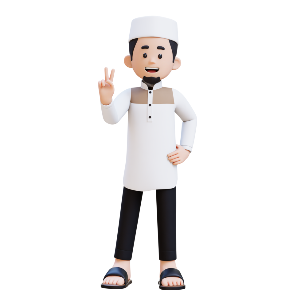 3D Characters of Muslim Man give peace hand sign perfect for banner, web dan marketing material png