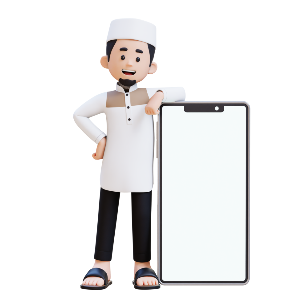 3D Characters of Muslim Man laying on big empty phone screen perfect for banner, web dan marketing material png