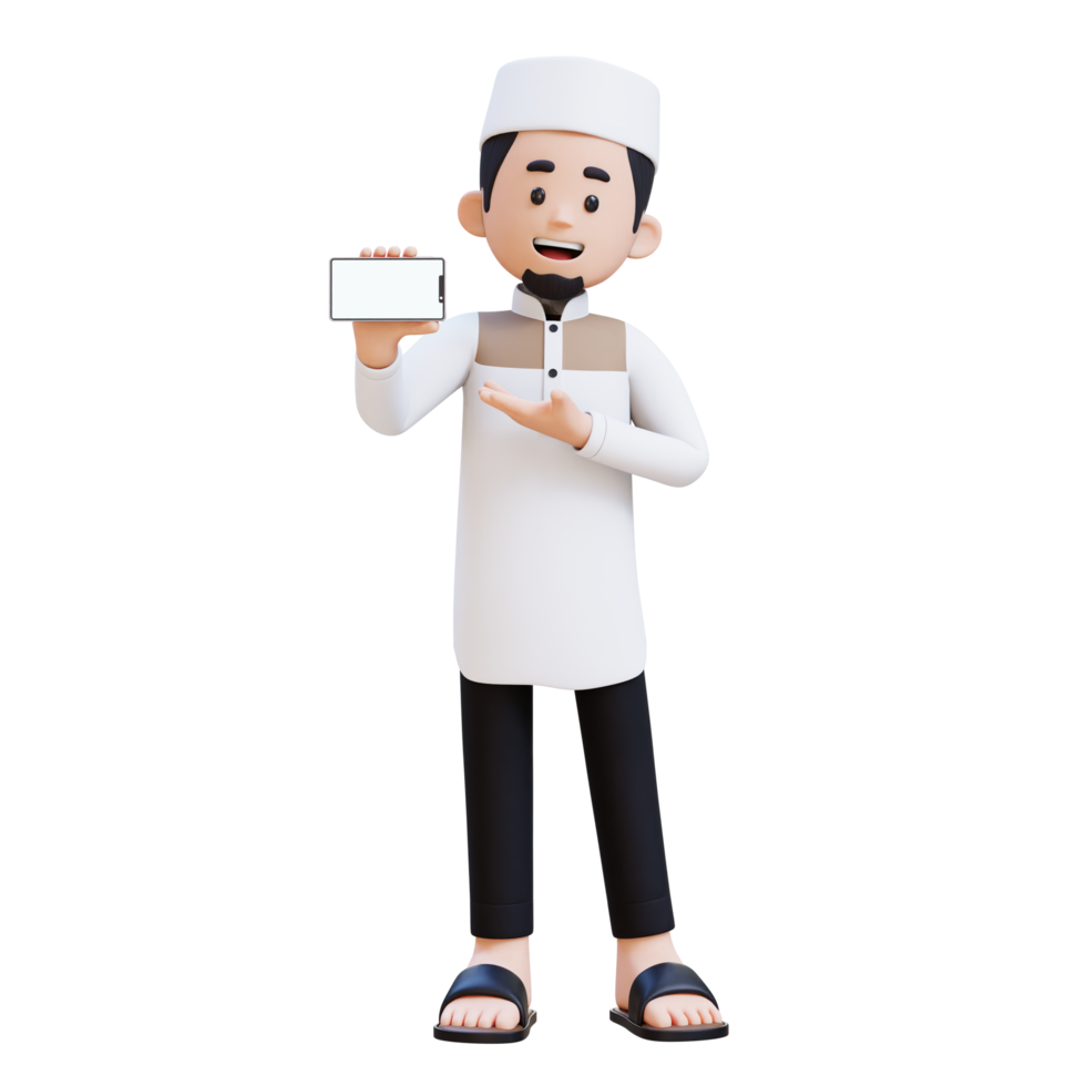 3D Characters of Muslim Man presenting on empty phone screen perfect for banner, web dan marketing material png