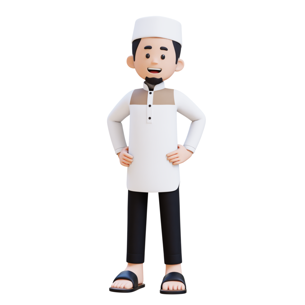 3D Characters of Muslim Man in cofident pose hand on hip perfect for banner, web dan marketing material png