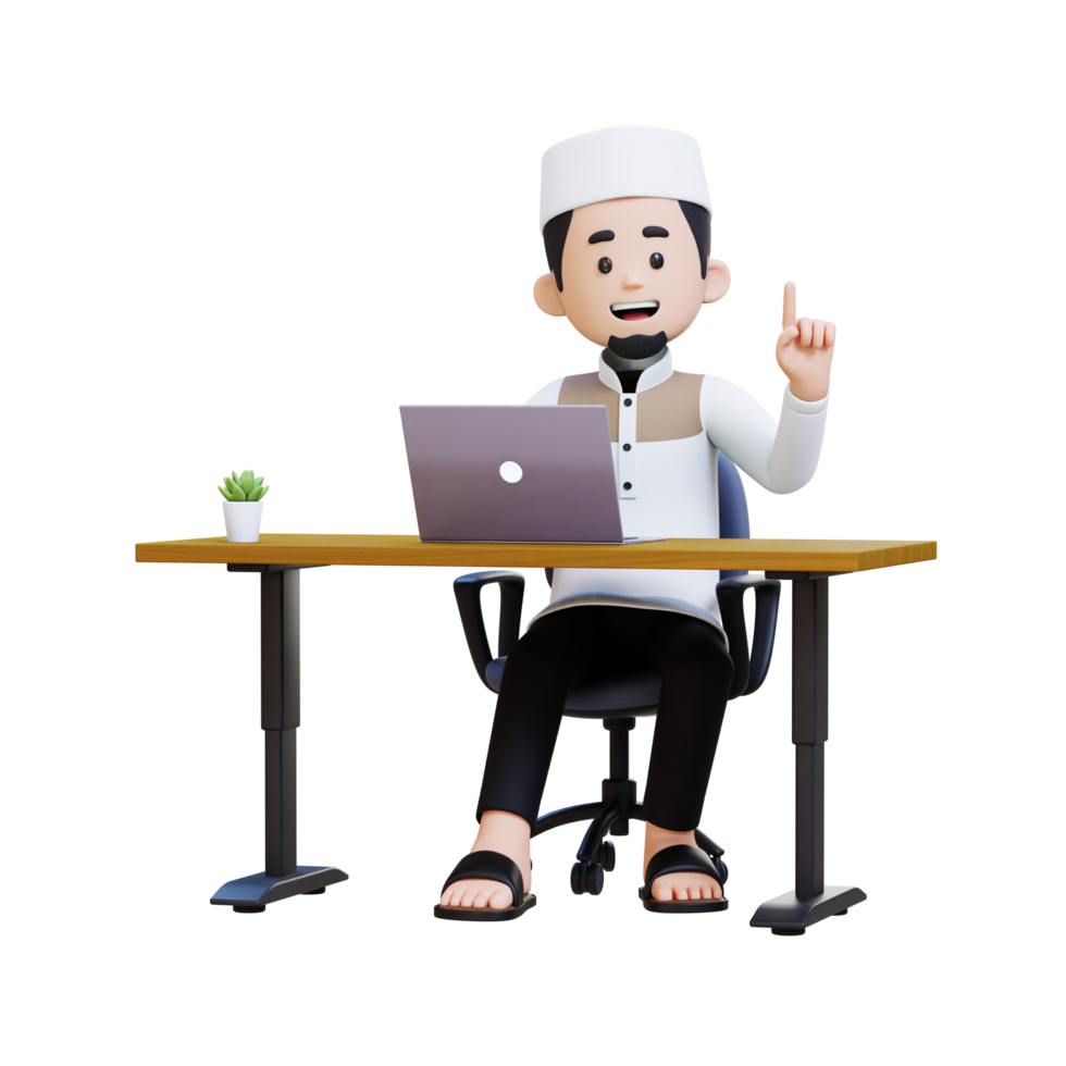 3D Characters of Muslim Man got idea and working on a laptop in working desk perfect for banner, web dan marketing material png
