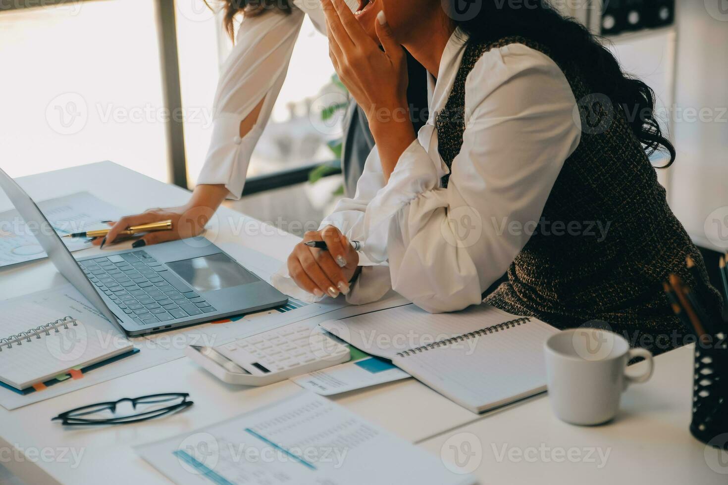 Business team collaboration discussing working analyzing with financial data and marketing growth report graph in team, presentation and brainstorming to strategy planning making profit of company. photo