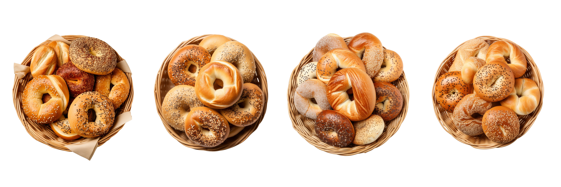 ai generado delicioso cesta de Bagels conjunto en un transparente antecedentes png