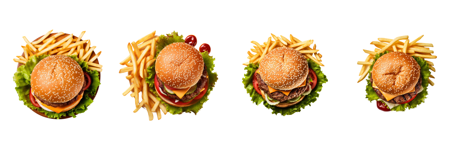 AI generated delicious hamburger and french fries isolated top view set on a transparent background png