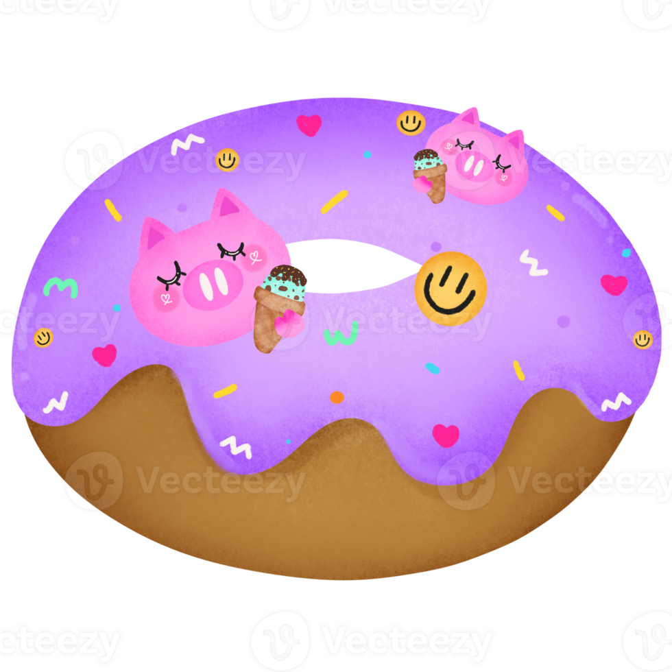 Watercolor purple pig donut with sprinkles character png