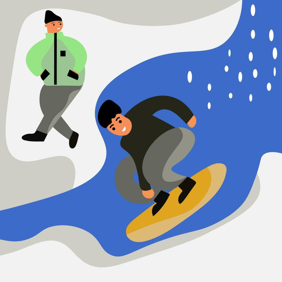 Illustrations of a man snowboarding in winter vector