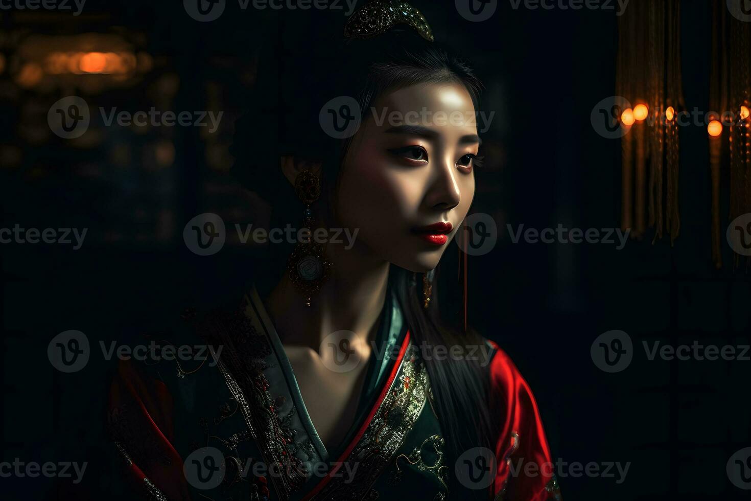 AI generated Asian woman in kimono at night. Neural network AI generated photo