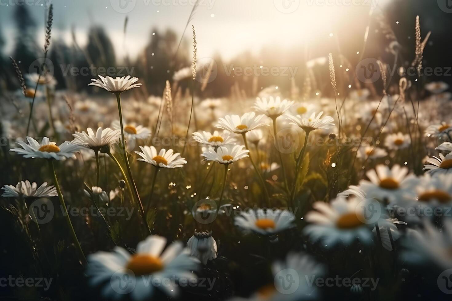 AI generated Field of daisies, blue sky and evening sun. Neural network AI generated photo