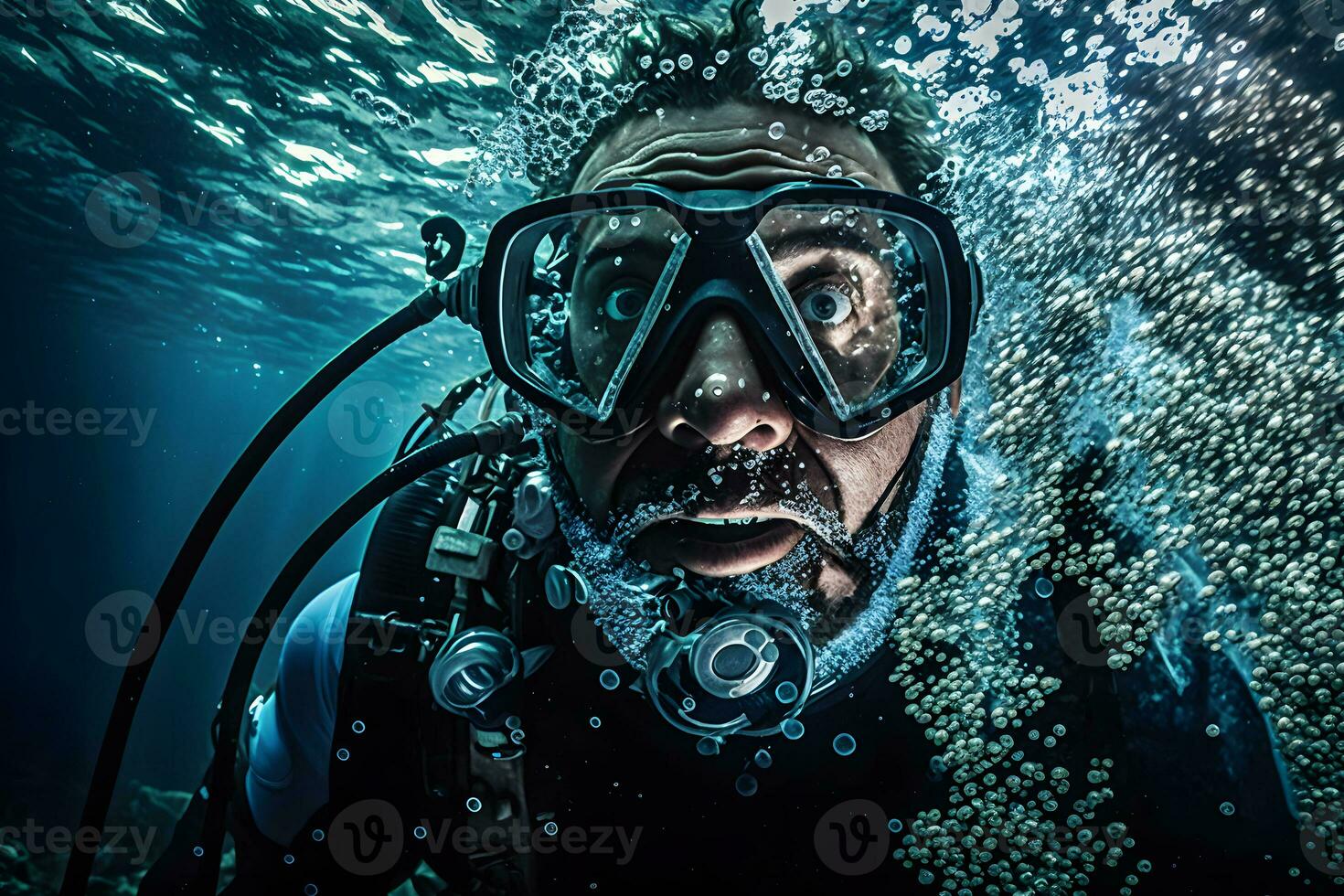 AI generated Male scuba diver underwater. Neural network AI generated photo