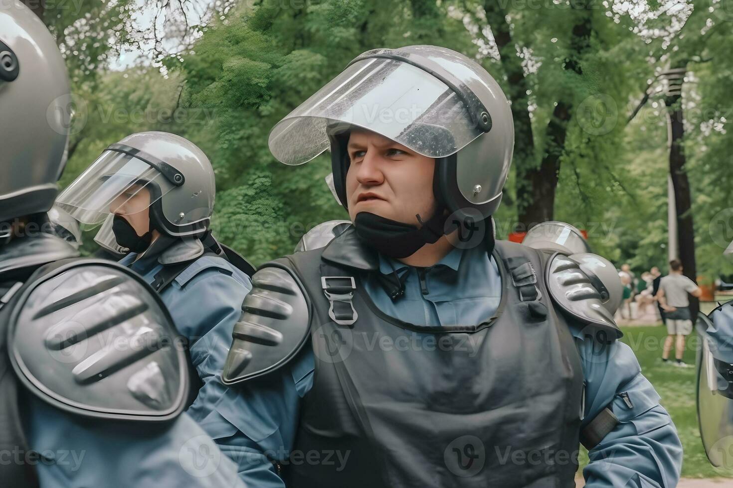 AI generated Low angle of anonymous police soldiers in protective uniforms and helmets standing against squad van and defending by riot shields. Neural network AI generated photo