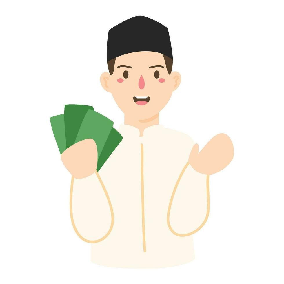 muslim man holding rupiah money paper vector