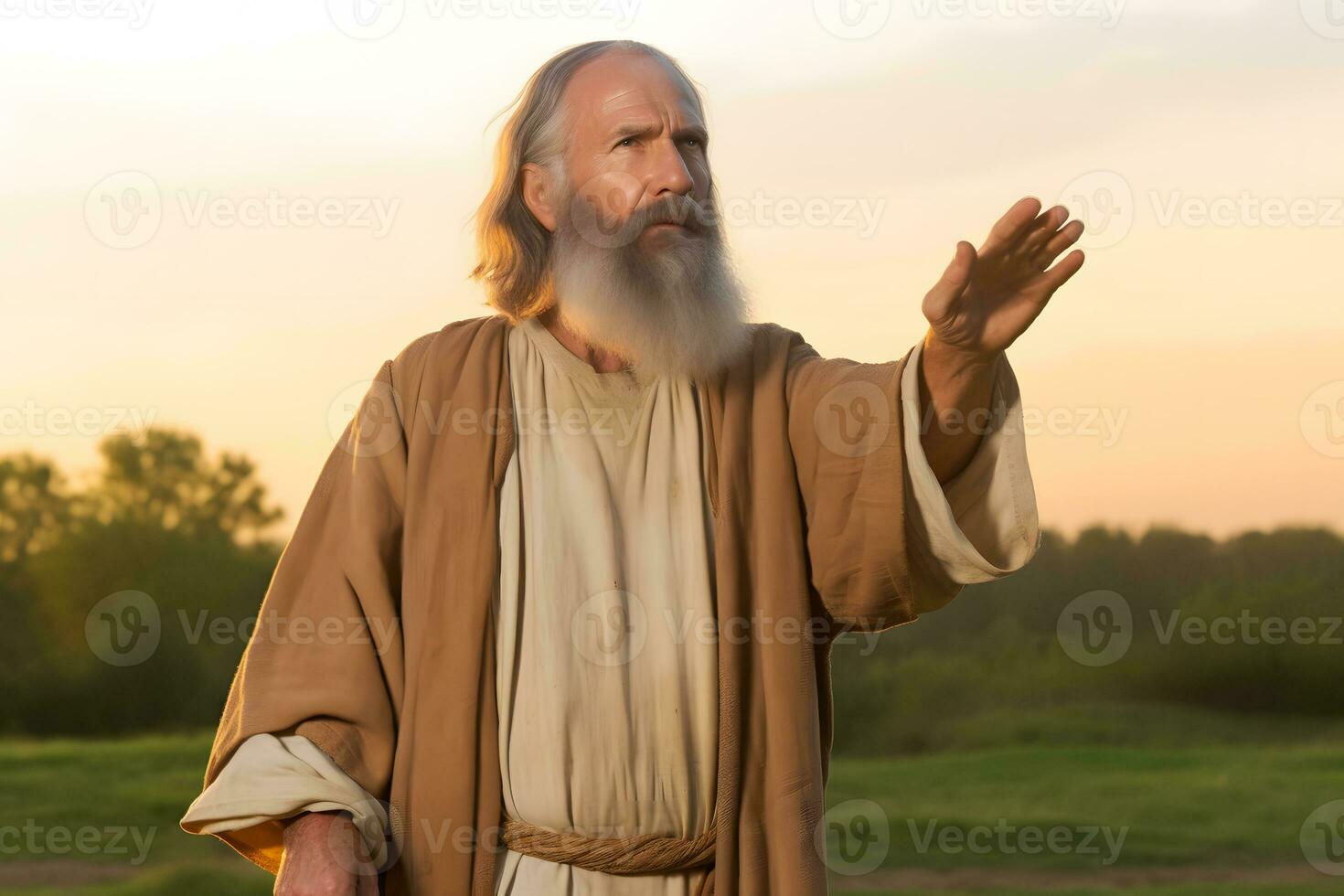 ai generado hombre Orando a Dios en el campo. neural red ai generado foto