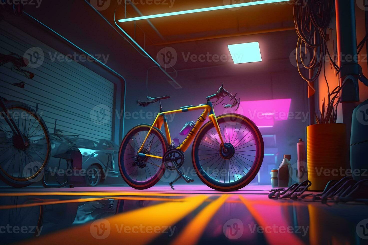 AI generated Bicycle in a neon garage. Neural network AI generated photo